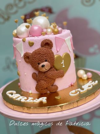 Tarta osito bebé rosa globos