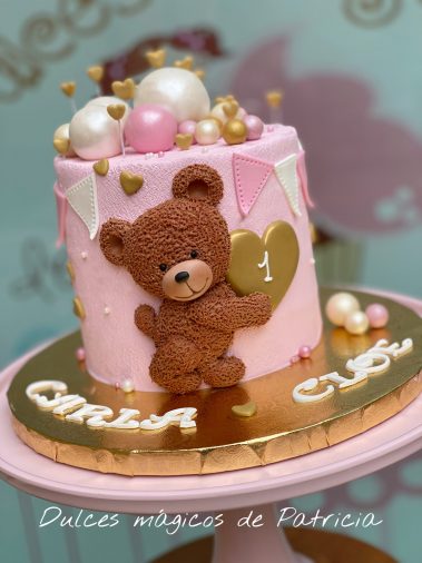 Tarta osito bebé rosa globos