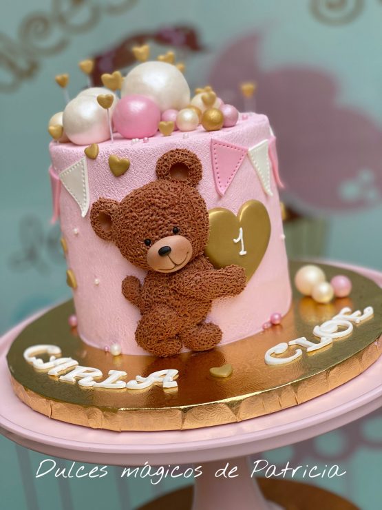Tarta osito bebé rosa globos