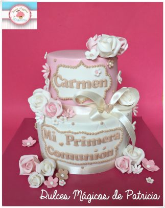 tarta comunión flores rosas