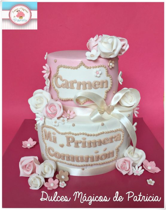tarta comunión flores rosas