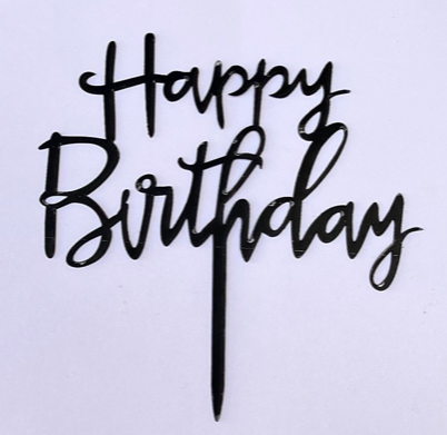 Topper decoración tartas happy birthday en letras y color negro.