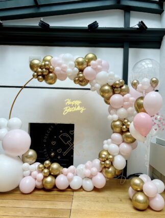 photocall globos rosa blanco y oro