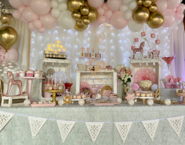 Candy bar bautizo tonos rosa y dorado