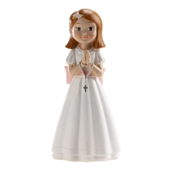 Figura tarta Comunión niña con rosario y lazo rosa 16 cm- Dekora